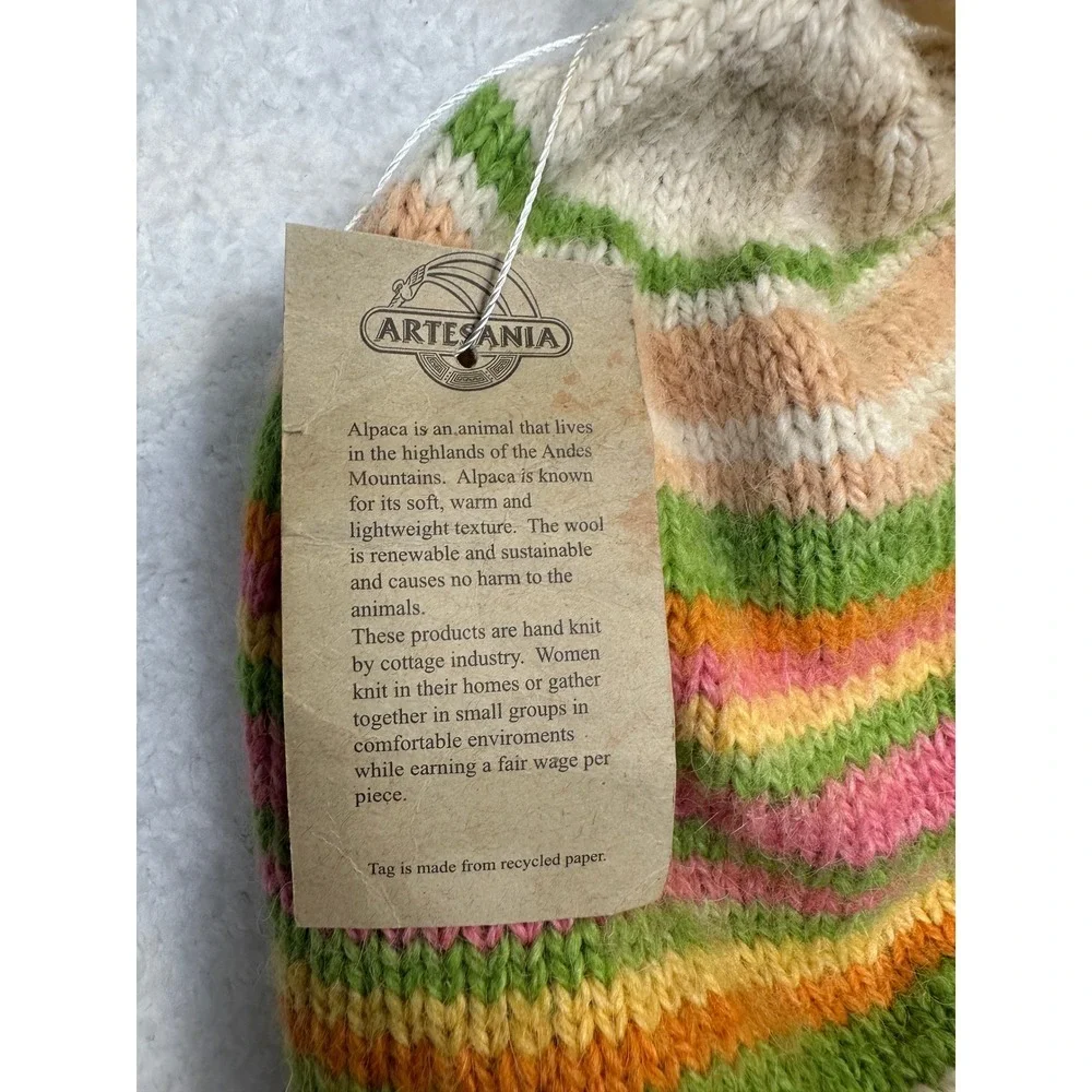 Artesania Alpaca Wool Hat Multicolor Stripes Pom Ear‎ Flaps Handmade Kids-New